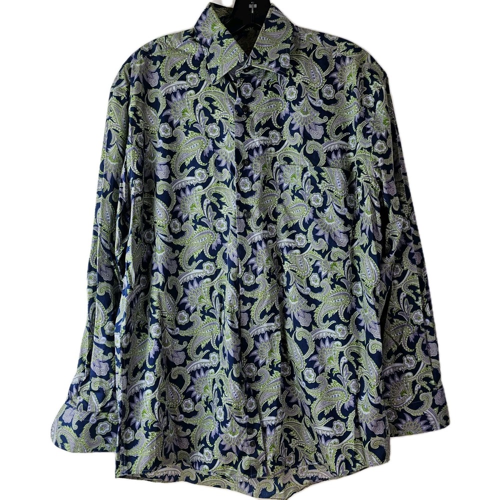 Alan Flusser Mens Size Small Green Blue Paisley Button Down Long Sleeve Shirt